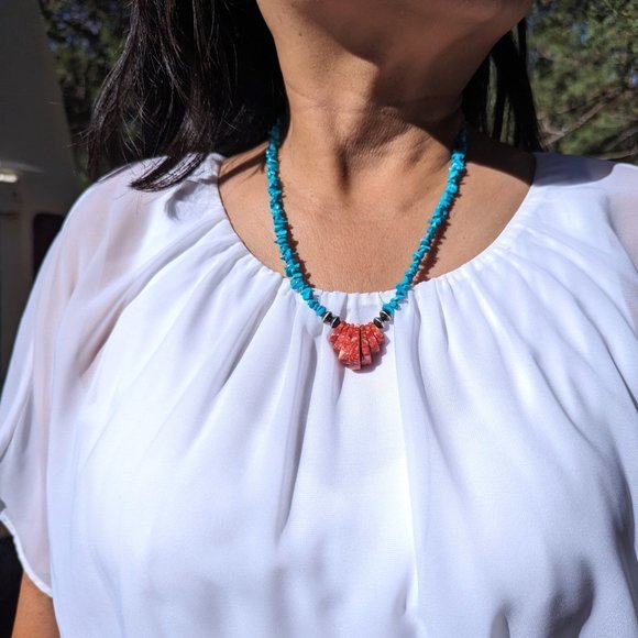 Navajo Necklace Handmade Sleeping Beauty Turquoise & Spiny Oyster NA Jewelry*** - Picture 6 of 10